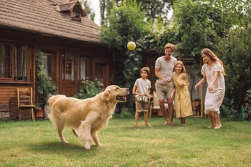 Golden retriever dog playing fetch with family in backyard, enjoying outdoor activities together.