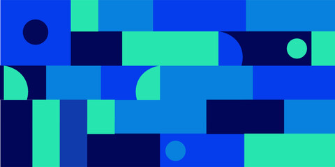 Colorful geometric abstract background with rectangles, circles, and half shapes in vibrant blue, green, and dark navy tones. Modern digital pattern design.