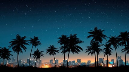 Obraz premium City skyline at night, palm trees silhouettes, starry sky