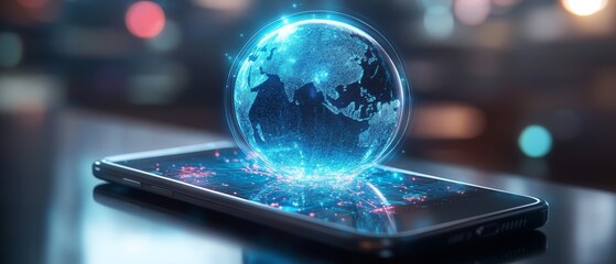 A smartphone projecting an interactive holographic globe, symbolizing global connectivity and advanced digital communication in the modern world