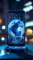 A smartphone projecting an interactive holographic globe, symbolizing global connectivity and advanced digital communication in the modern world
