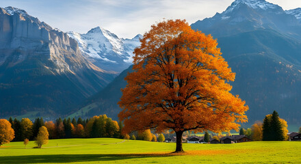 A vibrant autumn tree stands against a backdrop of snowcapped mountains