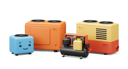 Colorful retro appliances displayed against white background