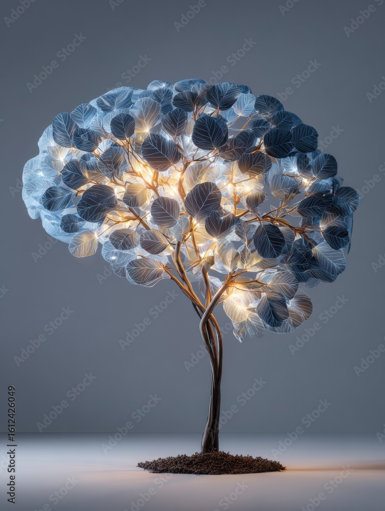 Poster unique idea tree with brain-shaped crown and glowing thought leaves illuminated from below