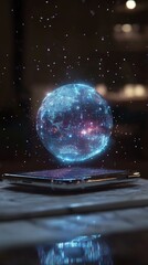 A smartphone projecting an interactive holographic globe, symbolizing global connectivity and advanced digital communication in the modern world