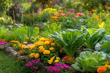 Lush garden bed featuring vibrant flowers and leafy greens, a colorful and thriving outdoor scene.