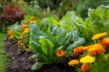 Fresh spinach and vibrant calendula flowers grow in a garden bed, a natural and healthy scene.