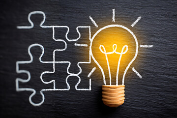 Creative Solution Showcasing a Glowing Light Bulb Next to a Puzzle Piece Against a Dark Background