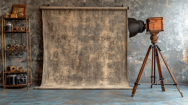 Vintage photography studio setup with large format camera and backdrop