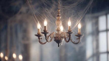 Old chandelier illuminated by soft light in a dusty, cobweb-filled room during twilight hours.
