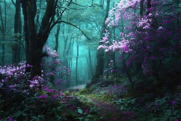Enchanting forest path with blooming azaleas, a serene landscape with trees and vibrant purple flowers.