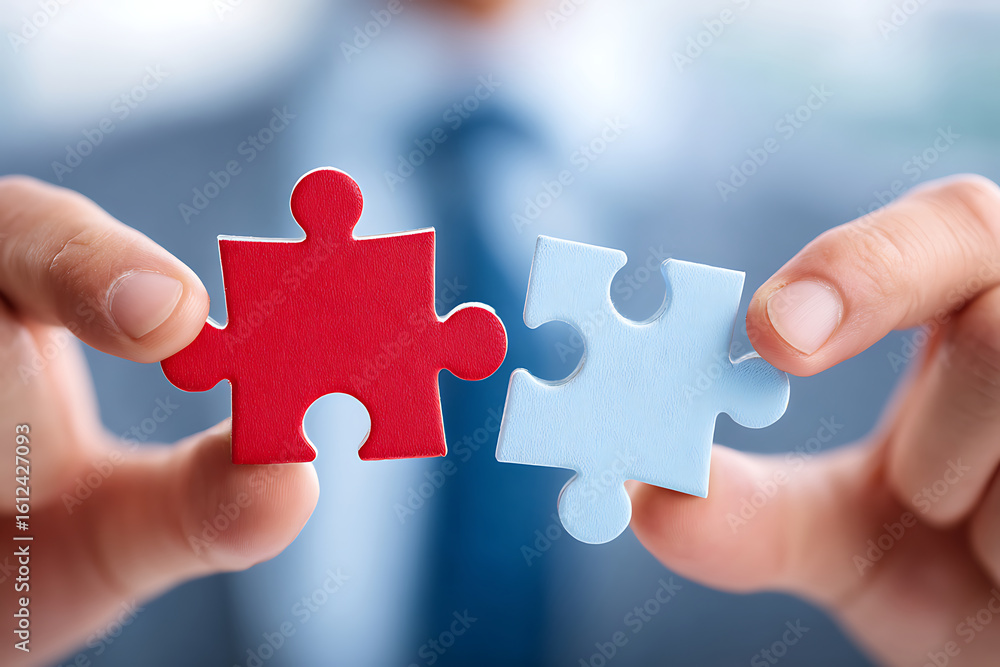 Poster hands connecting red and blue puzzle pieces representing collaboration and problem-solving in a prof