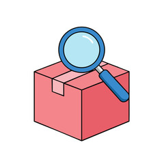 Vector illustration of box with magnifier on white background, search and discovery concept