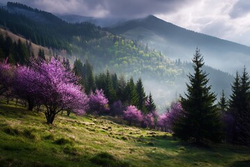 Serene mountain landscape with blooming purple trees and misty forest in a tranquil scenery.