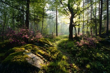 Sunlit forest path with mossy rocks and vibrant pink rhododendron flowers creates a serene woodland scene.