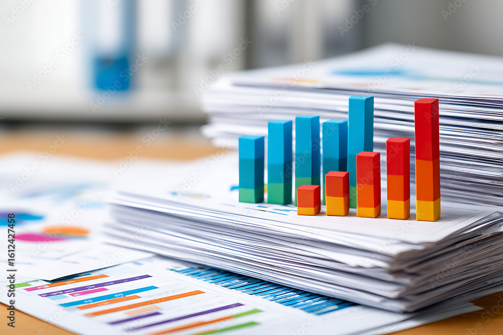 Poster colorful bar graphs displayed on documents in a modern office during a business meeting focused on d