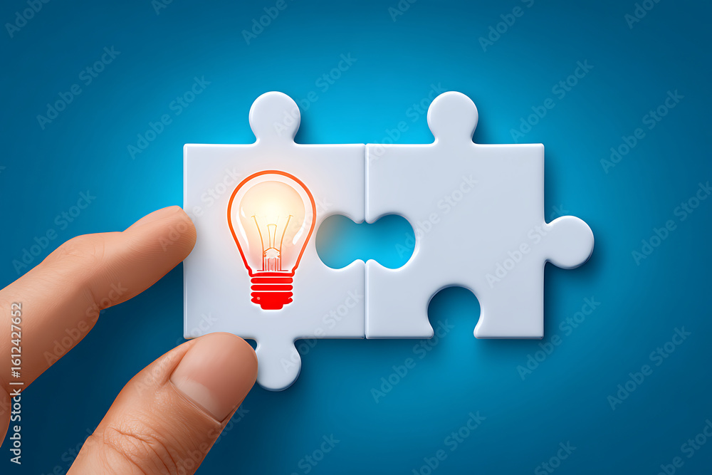 Poster creative process in problem-solving illustrated by a hand connecting puzzle pieces with a glowing li