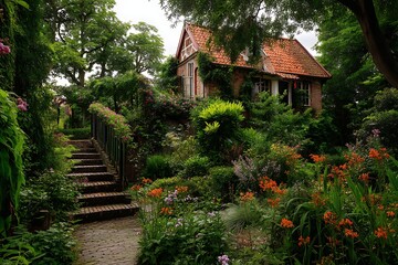 Quaint cottage nestled in a lush garden with brick stairs and vibrant flowers, a serene landscape.