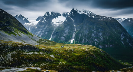 Snowcapped mountains rise above a green valley under a cloudy sky