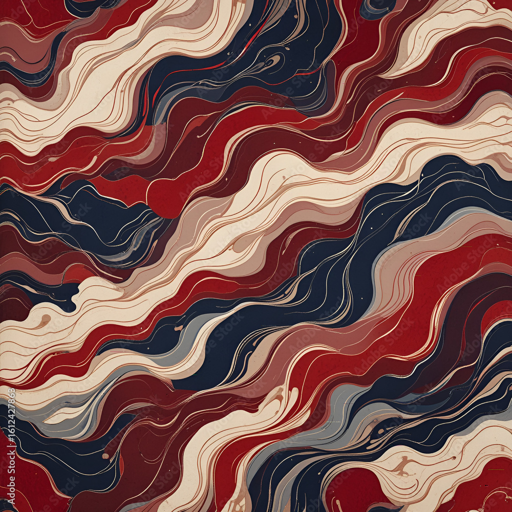 Poster fluid abstract swirls dynamic pattern in navy red beige colors background