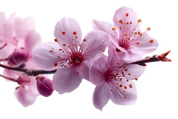 Delicate pink cherry blossoms bloom on a branch, showcasing spring's beauty and floral elegance.