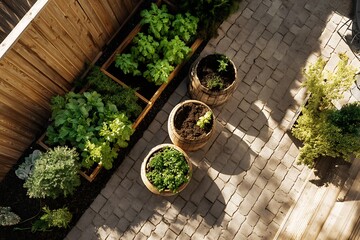 Elevated view shows a vegetable garden with wooden planters and barrel pots filled with plants.
