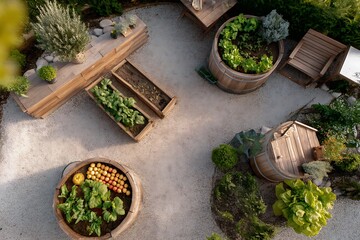 Elevated view showcases a charming garden with wooden planters, vegetables, and lush greenery.