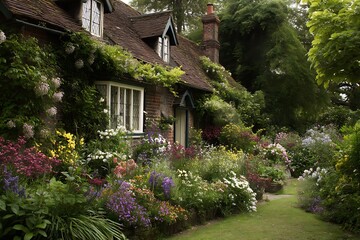 Charming cottage garden displays vibrant flowers and lush greenery, creating a serene, idyllic scene.