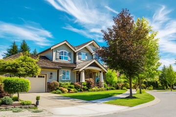 Beautiful suburban home with manicured lawn and landscaping under a bright blue sky on a sunny day.