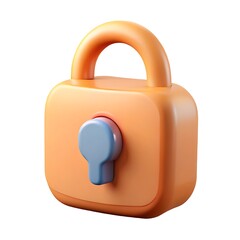 A 3d rendered cartoon padlock with a blue keyhole and orange body on a white background
