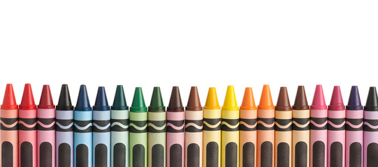 A vibrant row of colored crayons neatly arranged, showcasing a spectrum of hues from red and blue to yellow and pink, ready for creative expression.