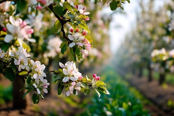 Blossoming apple tree branch displays delicate white and pink flowers in a spring orchard.