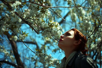 A redhead woman gazes up at blooming white flowers on tree branches against a bright blue sky.