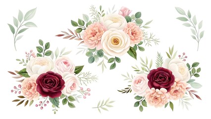 Elegant watercolor floral arrangements featuring blush pink cream and burgundy roses with greenery