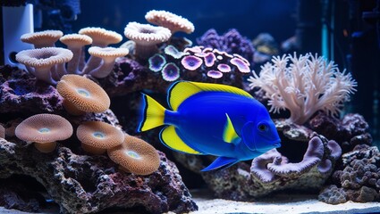 Blue tang fish showcasing its colors amidst a rich coral reef.