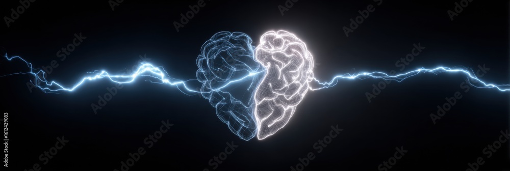 Poster light trail connects heart and brain symbolizing emotional and logical growth with open space at the