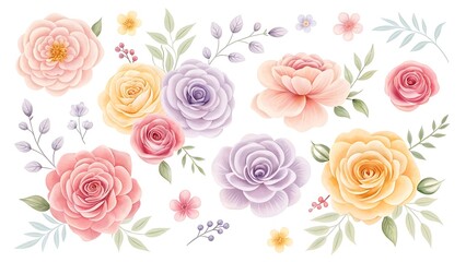Delicate watercolor roses in pastel hues with soft green foliage and subtle accents