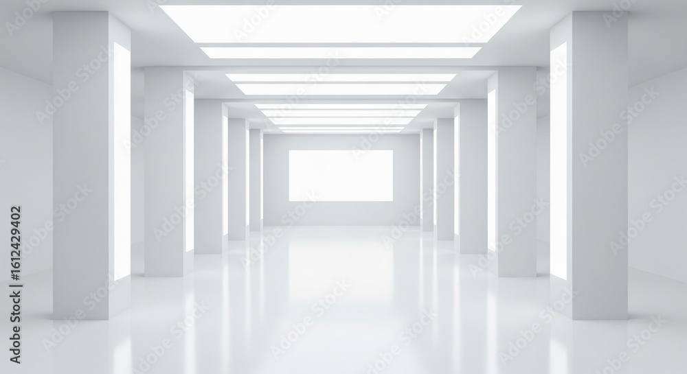 Poster all white corridor with columns and reflected light on the floor architecture