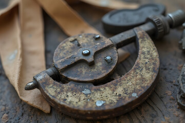 Inspecting Old Carpentry Tool Still Life on Wood Table