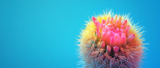 A vibrant cactus plant bursting with color stands out strikingly against a bright blue background, showcasing its unique shape and textures