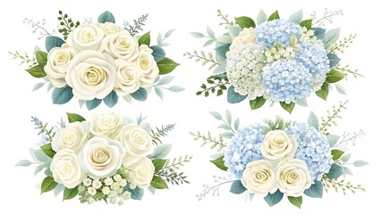 Elegant white roses and soft blue hydrangeas in four beautiful floral arrangements