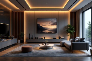 Fototapeta premium Modern Living Room Interior with Warm Lighting and Mountain View Art