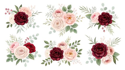 Elegant watercolor floral arrangements featuring deep red and soft pink roses with delicate greenery