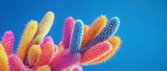 A vibrant cactus plant bursting with color stands out strikingly against a bright blue background, showcasing its unique shape and textures