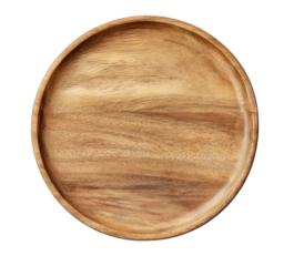 Round wooden plate, top view.  Smooth, light brown wood grain