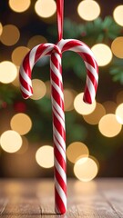 Candy cane ornament on blurred Christmas background