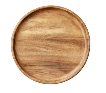 Round wooden plate, top view.  Smooth, light brown wood grain