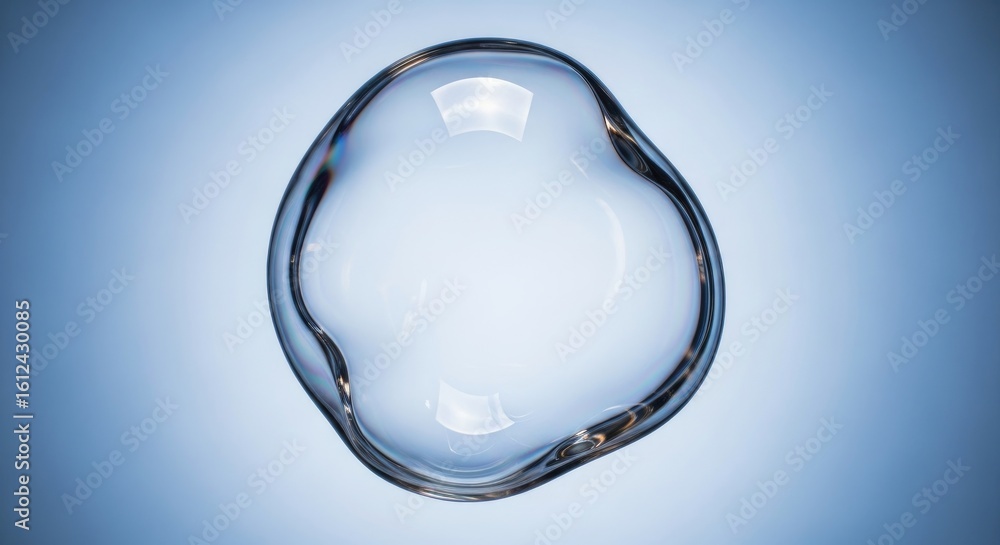 Poster floating circular water drop on blue gradient backdrop with reflections and refractions