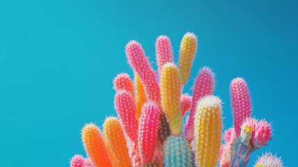 A vibrant cactus plant bursting with color stands out strikingly against a bright blue background, showcasing its unique shape and textures