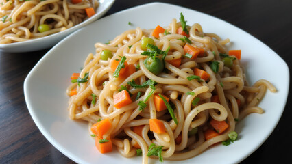 Close-up of a plate of delicious noodles with vegetables, ready to eat